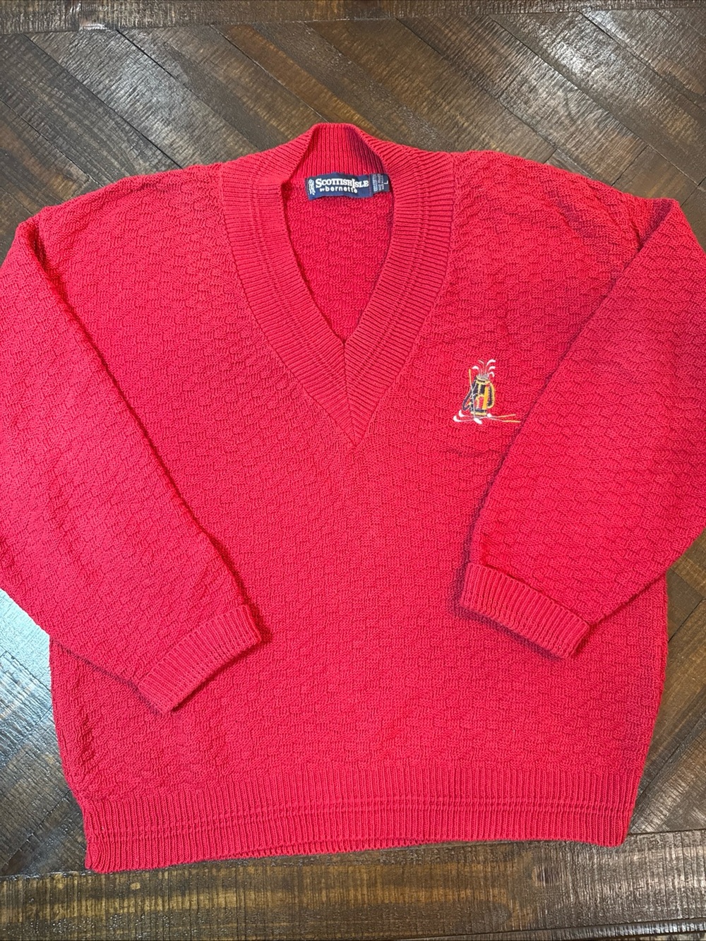 Vintage‎ Scottish Isle Bernette Red V Neck Sweater Mens L Cotton Golf Logo